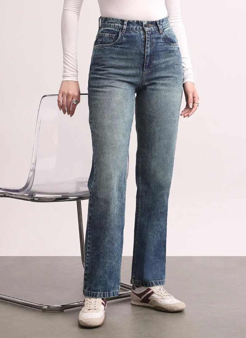 Urbano Fashion Women's Blue High Rise Straight Fit Washed Jeans Non-Stretchable